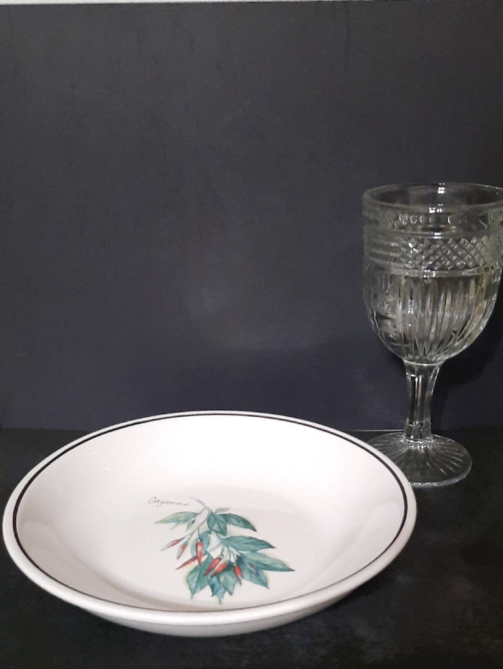 Williams Sonoma White Ceramic Bowl with Green Leaves and Red Chili Accents